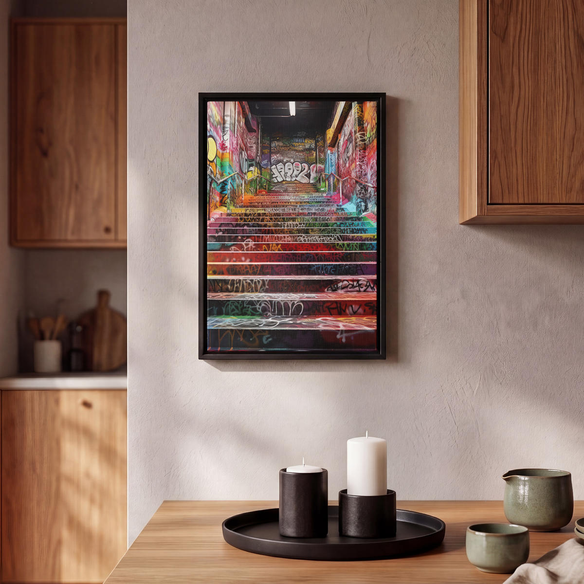 LEINWAND Bilder mit Rahmen - Treppe - Graffiti - Farben - Kunst - 20x30 - Multicolor, Textil (20/30cm) - MuchoWow