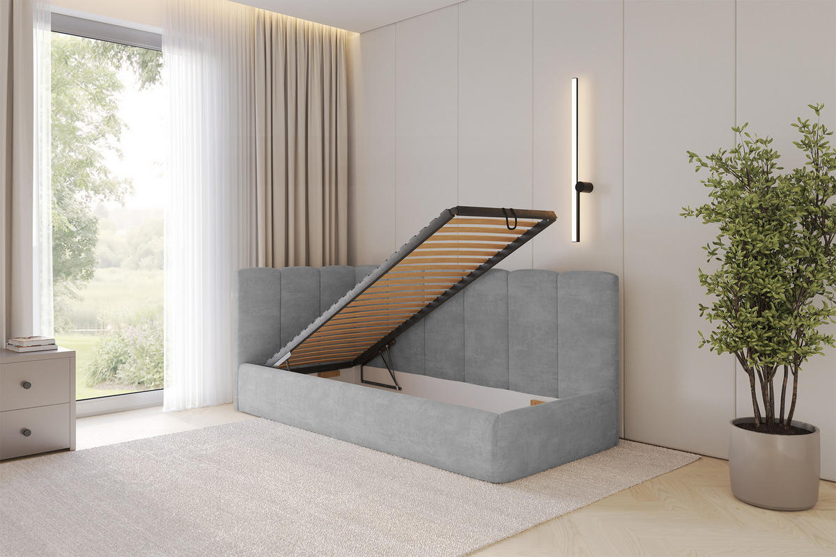 EINZELLBETT Jugendbett mit Bettkasten und Matratze H3/H4, Rechts - DEXY 80x200 Grau - Silberfarben, Holzwerkstoff/Textil (80/200cm) - ALTDECOR