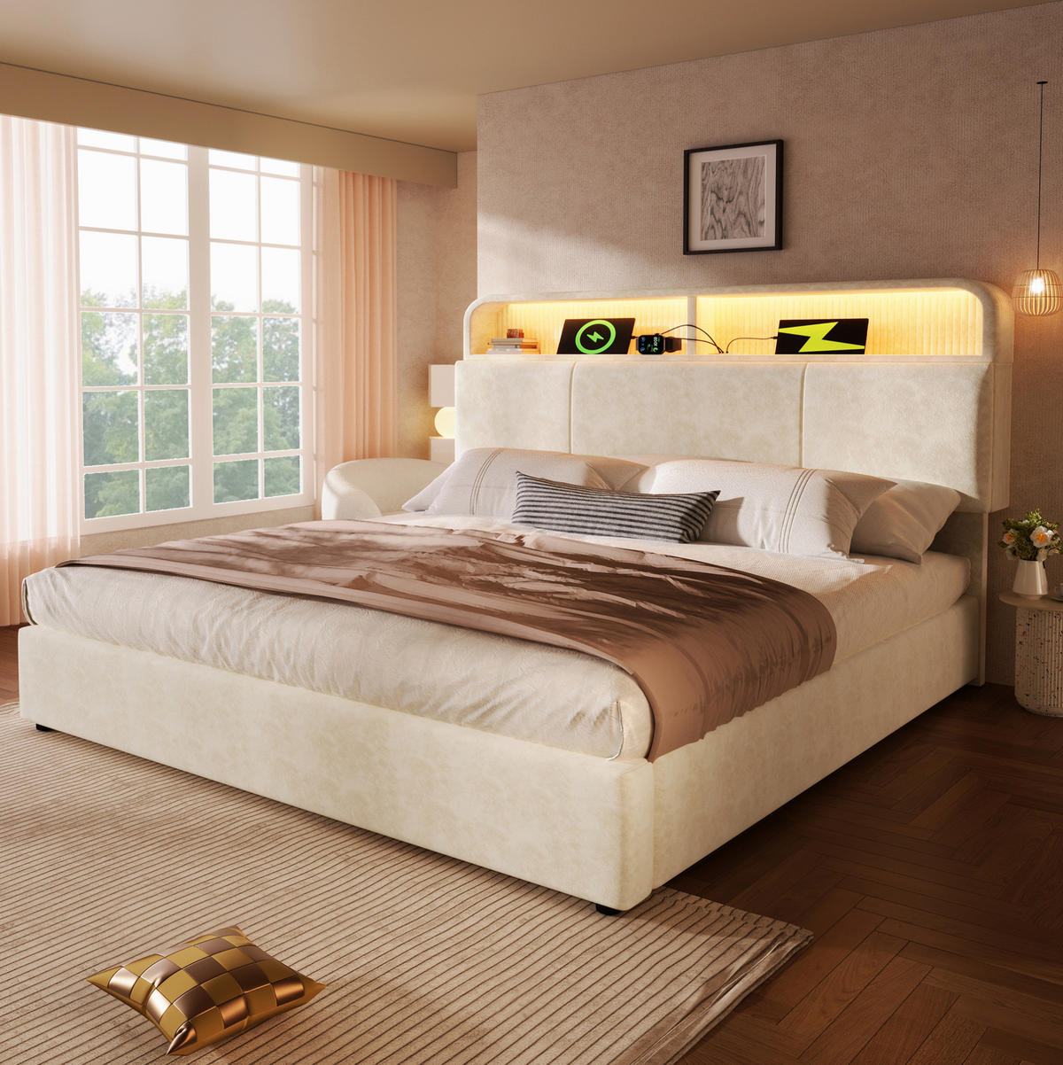 POLSTERBETT aus Samt 160x200 cm Beige mit LED-Beleuchtung, USB/Type-C und hydraulischem Stauraum, inkl. Matratze - Beige, Textil (160/200cm) - Modfu
