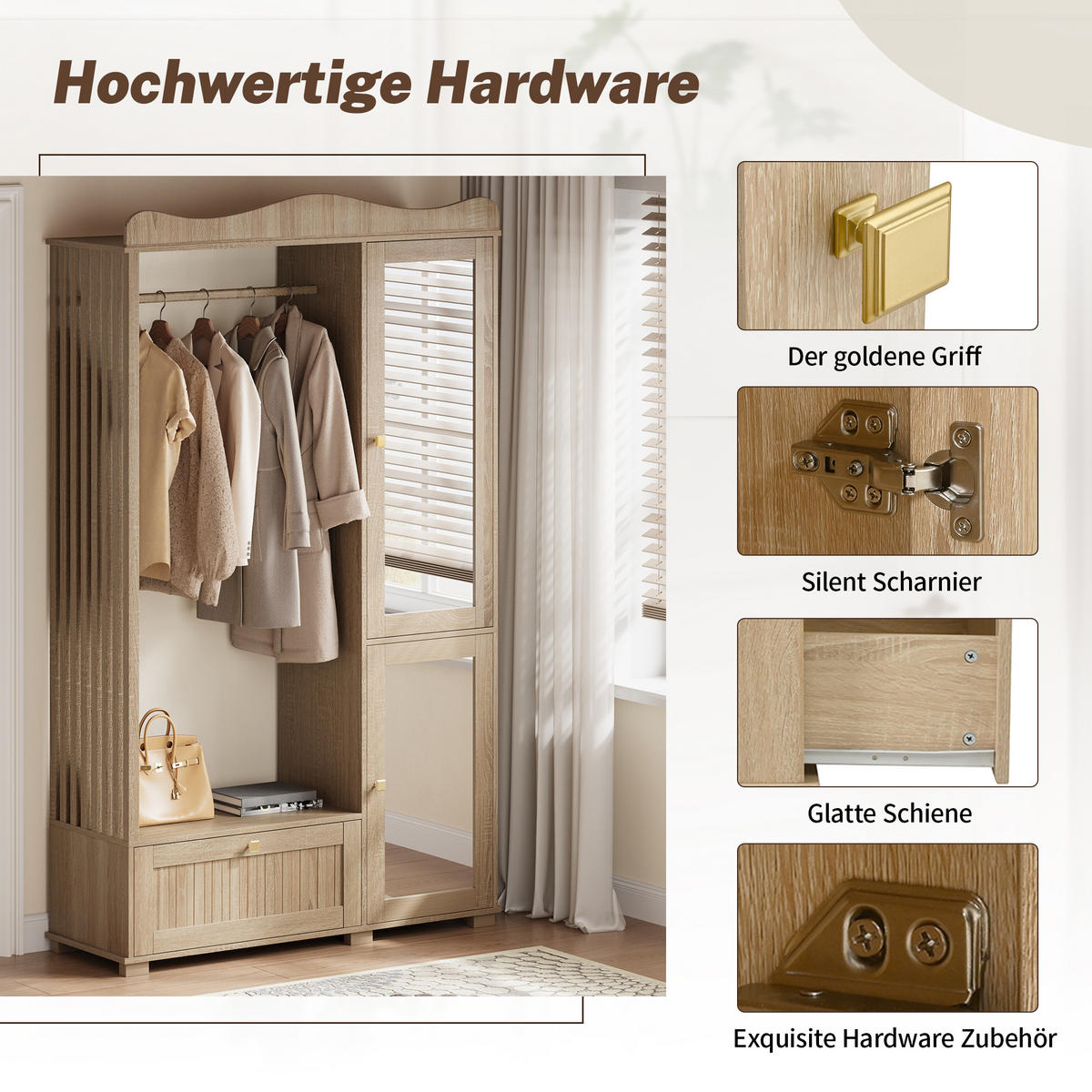 GARDEROBENSCHRANK Spiegel Kleiderständer Schublade 2 Türen kompakt - Eichefarben, Holzwerkstoff (38.5/194.5/115.5cm) - FLIEKS