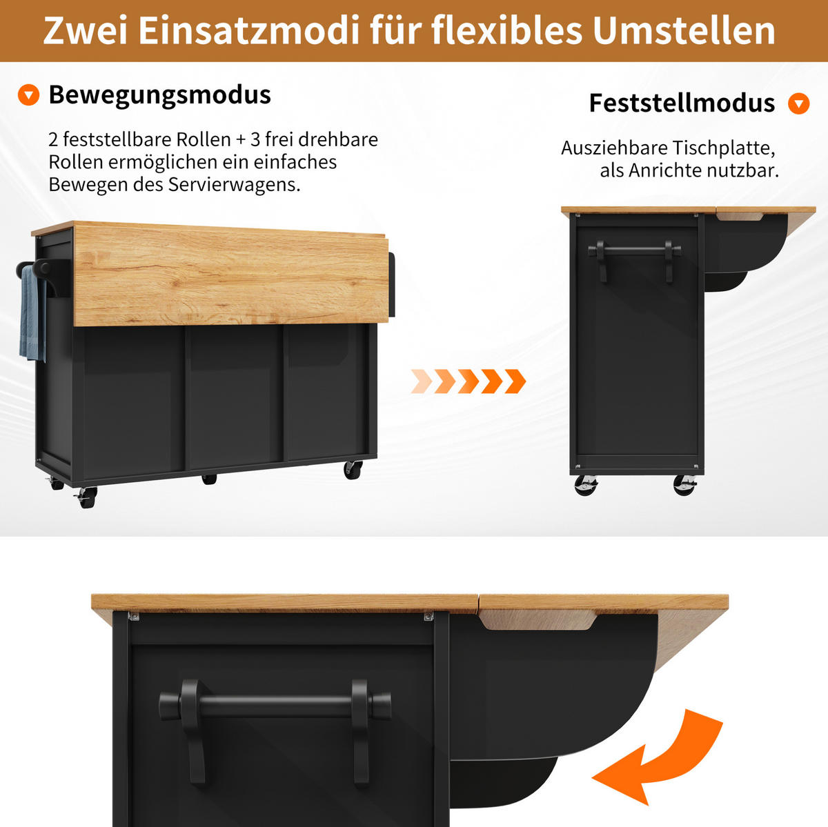 KÜCHENINSEL 137,9/92/73 cm Schwarz aus MDF und Metall mit Klapptisch - Schwarz, Holzwerkstoff (73/92.5/137.9cm) - OKMYHOME
