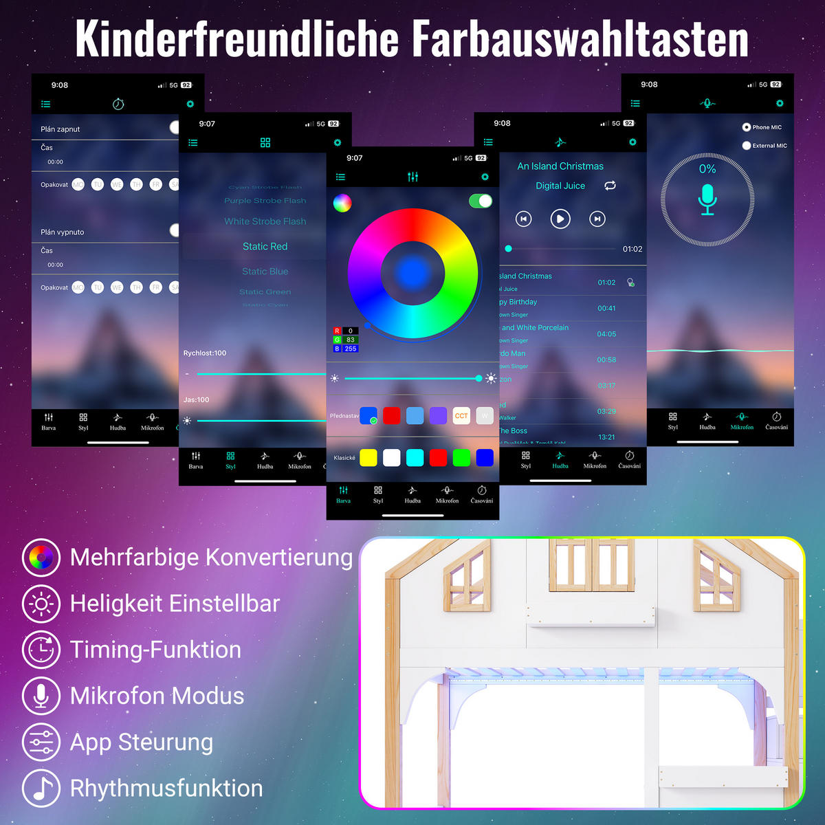ETAGENBETT 90/200 cm in Weiß & Natur mit Stauraumtreppe und LED - Weiß, Holz/Holzwerkstoff (90/200cm) - WISHDOR