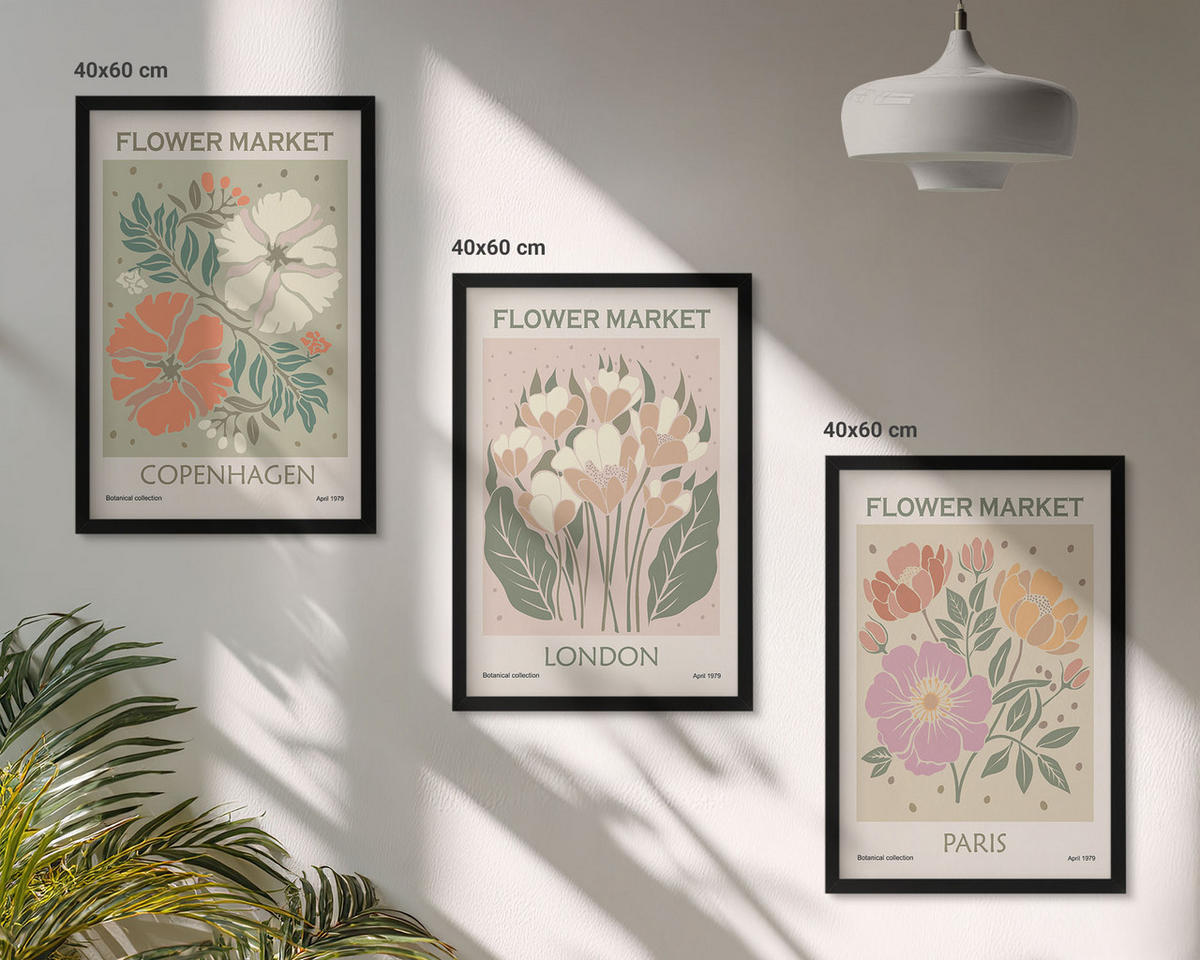 BILDER SET 3er Set - 40x60 cm Schwarzer Rahmen - Blumenposter Kopenhagen London Paris - Schwarz, Kunststoff (40/60cm) - TULUP