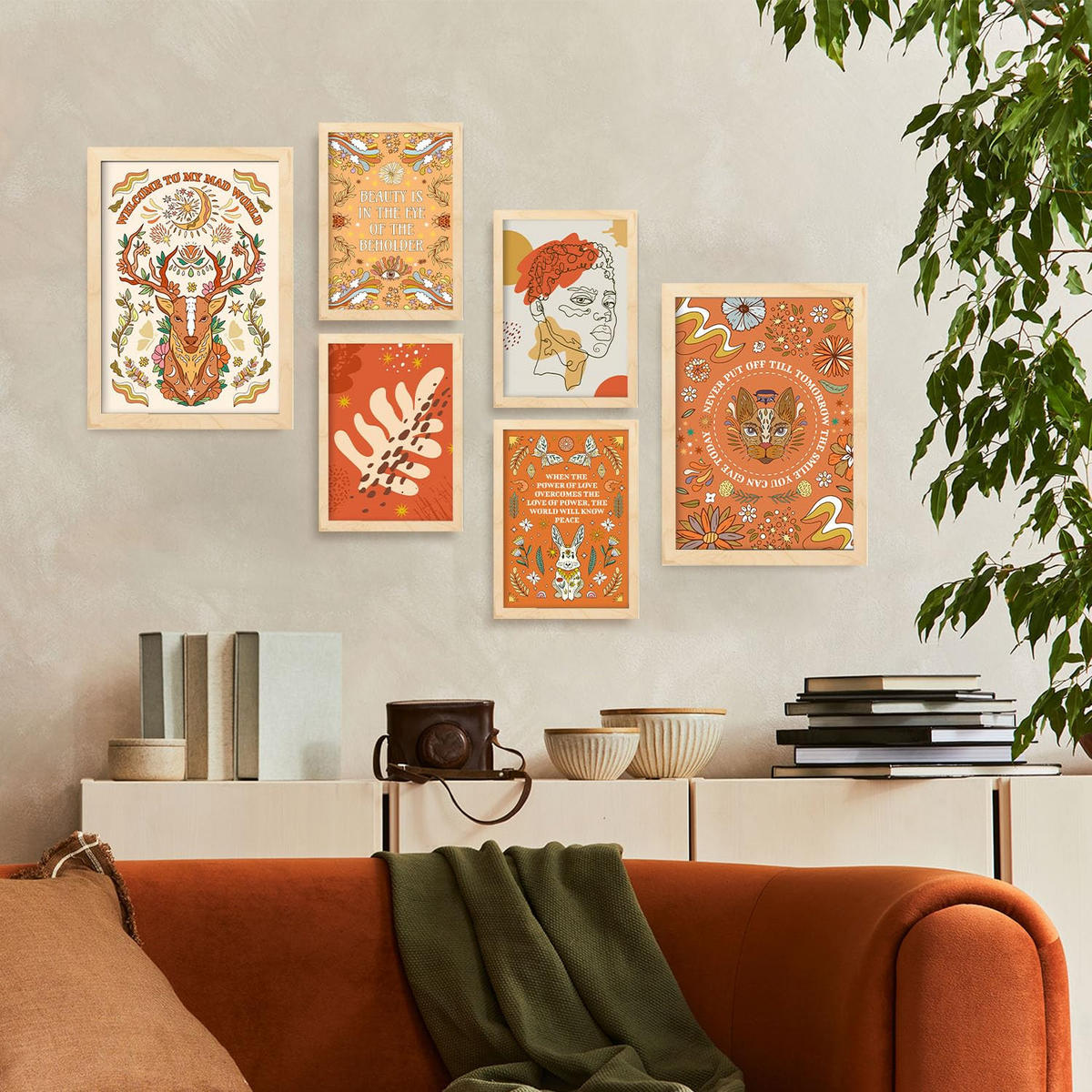 POSTER Set Mit 6 Drucken Von Orange In Brilliant Groovy Style Collection Dekorative Rahmen Für Zuhause Wandkunstdruck A3 & A4 Rahmen Aus Hellem Holz - Beige, Papier (29/3cm) - Nacnic