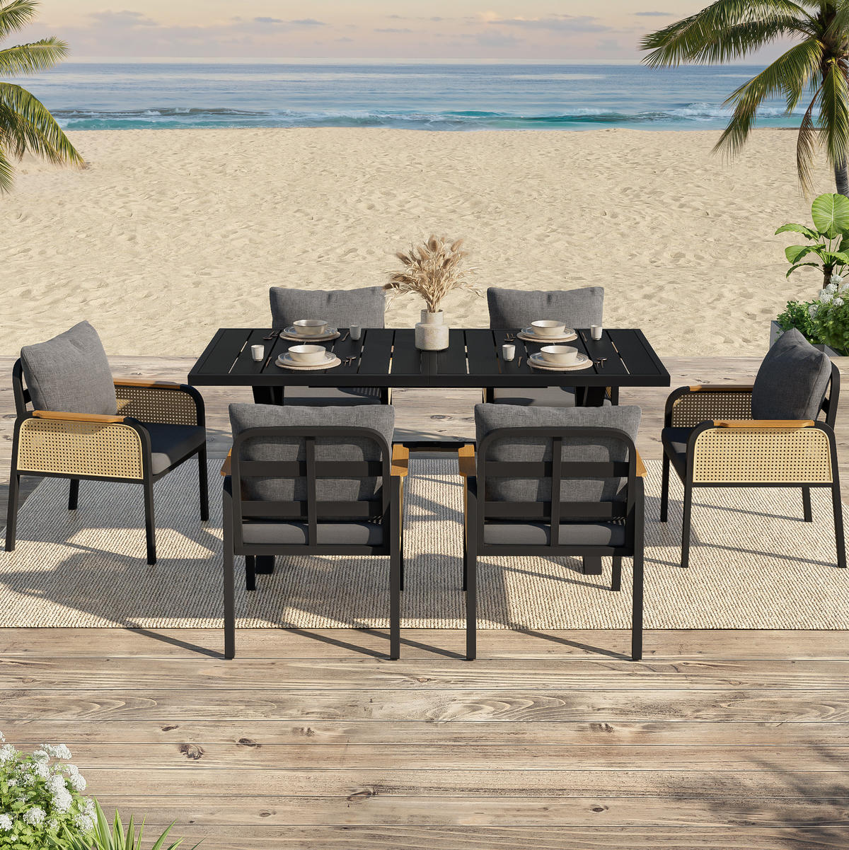GARTENMÖBELSET 7-tlg. mit Tisch und 6 Stühlen Schwarz/Natur - Schwarz, Metall - Beauniv