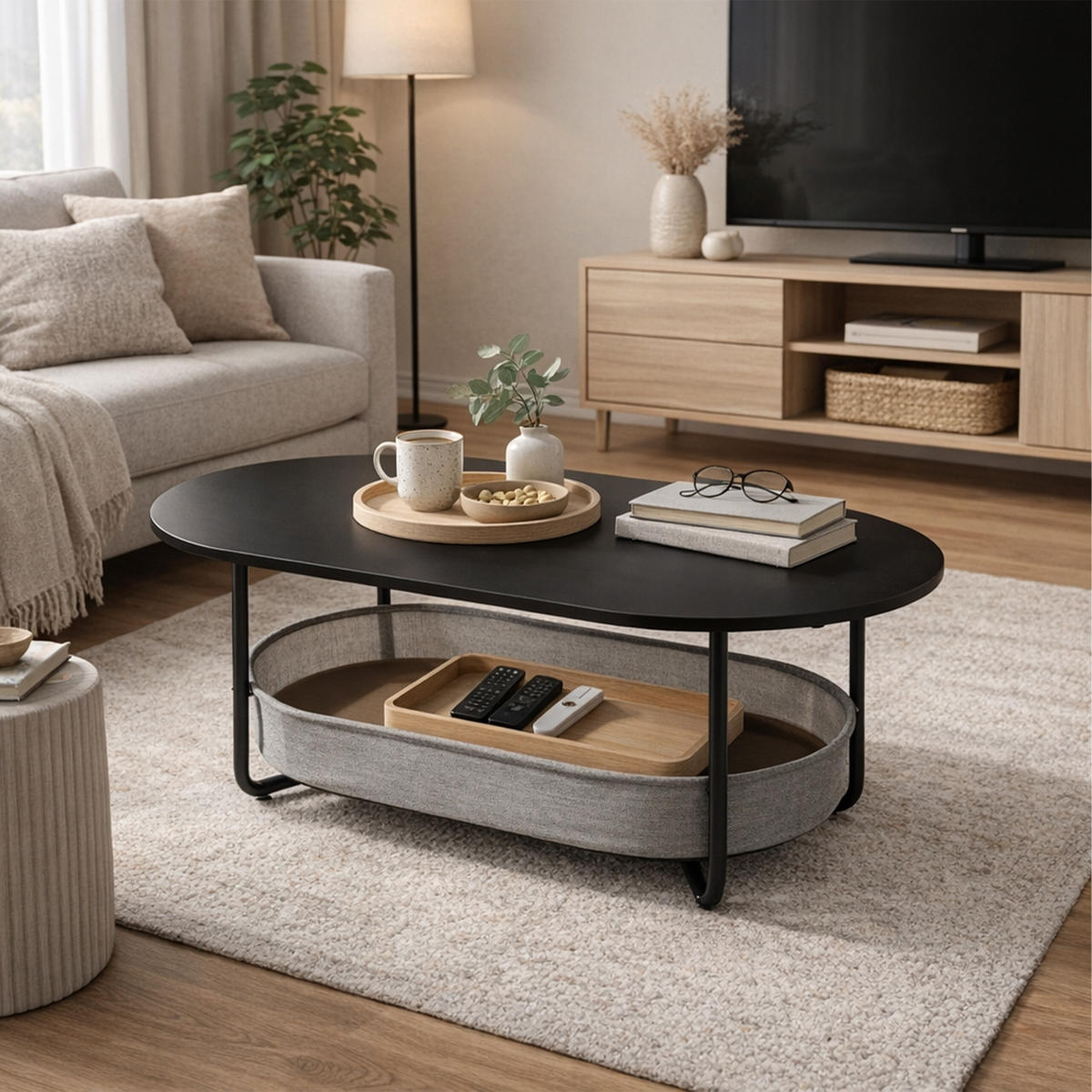 COUCHTISCH - Schwarz, Holzwerkstoff/Textil (45/100/55cm) - Relaxdays