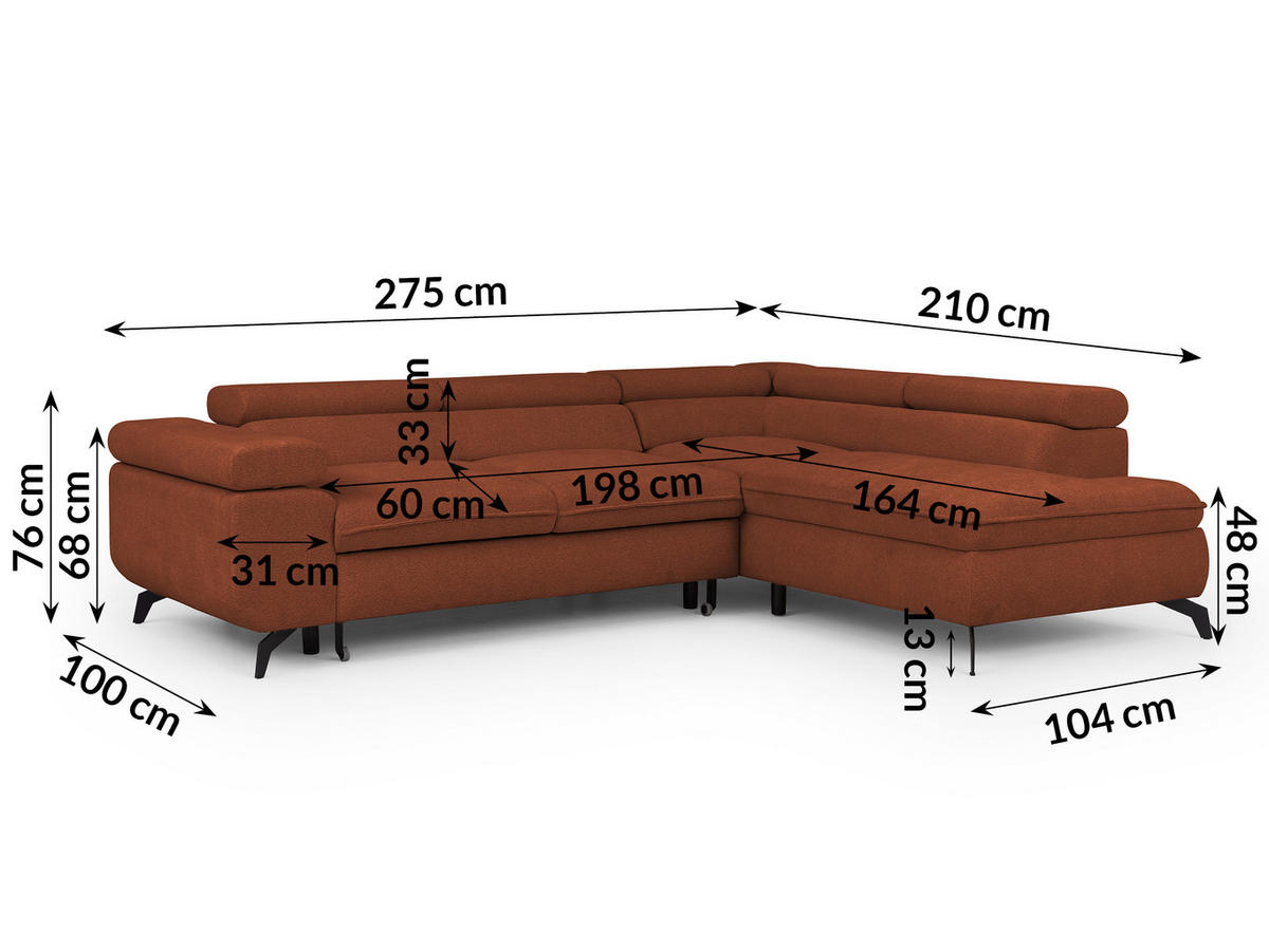 ECKSOFA mit Schlaffunktion und Bettkasten Bonnie aus Terrakotta Chenille-Stoff mit verstellbaren Kopfstützen und Armlehne - Ottomane rechts - Terracotta/Schwarz, Holz/Textil (275/210cm) - S-Style Möbel