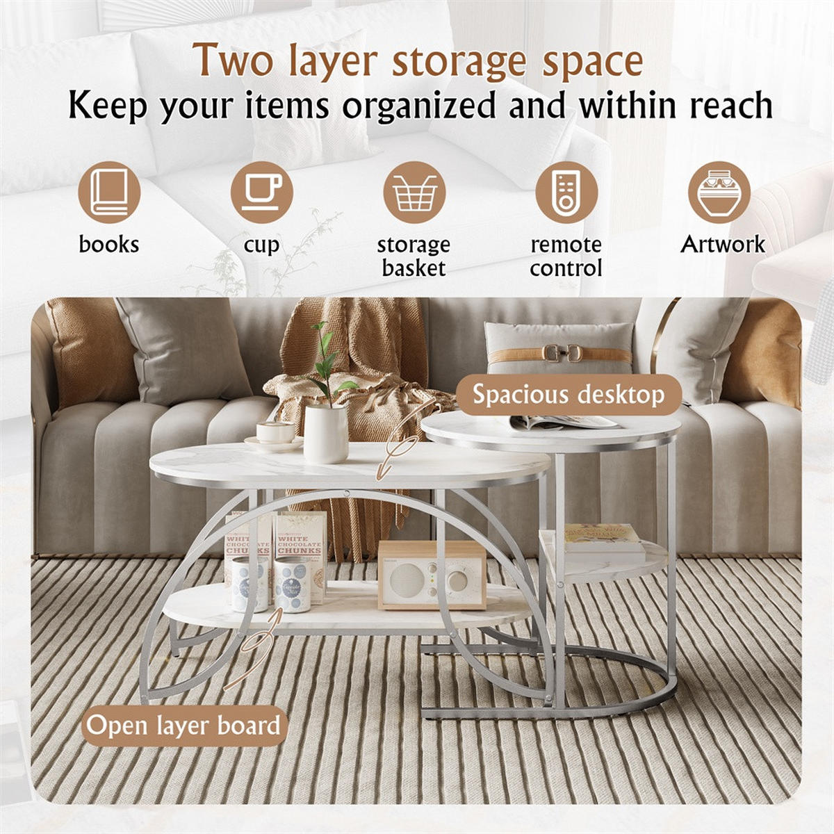 COUCHTISCH 2er-Set - Ovaler und Runder Beistelltisch mit Ablage in Marmoroptik - Weiß und Silber - Weiß, Holzwerkstoff (46/80/45cm) - DELFA