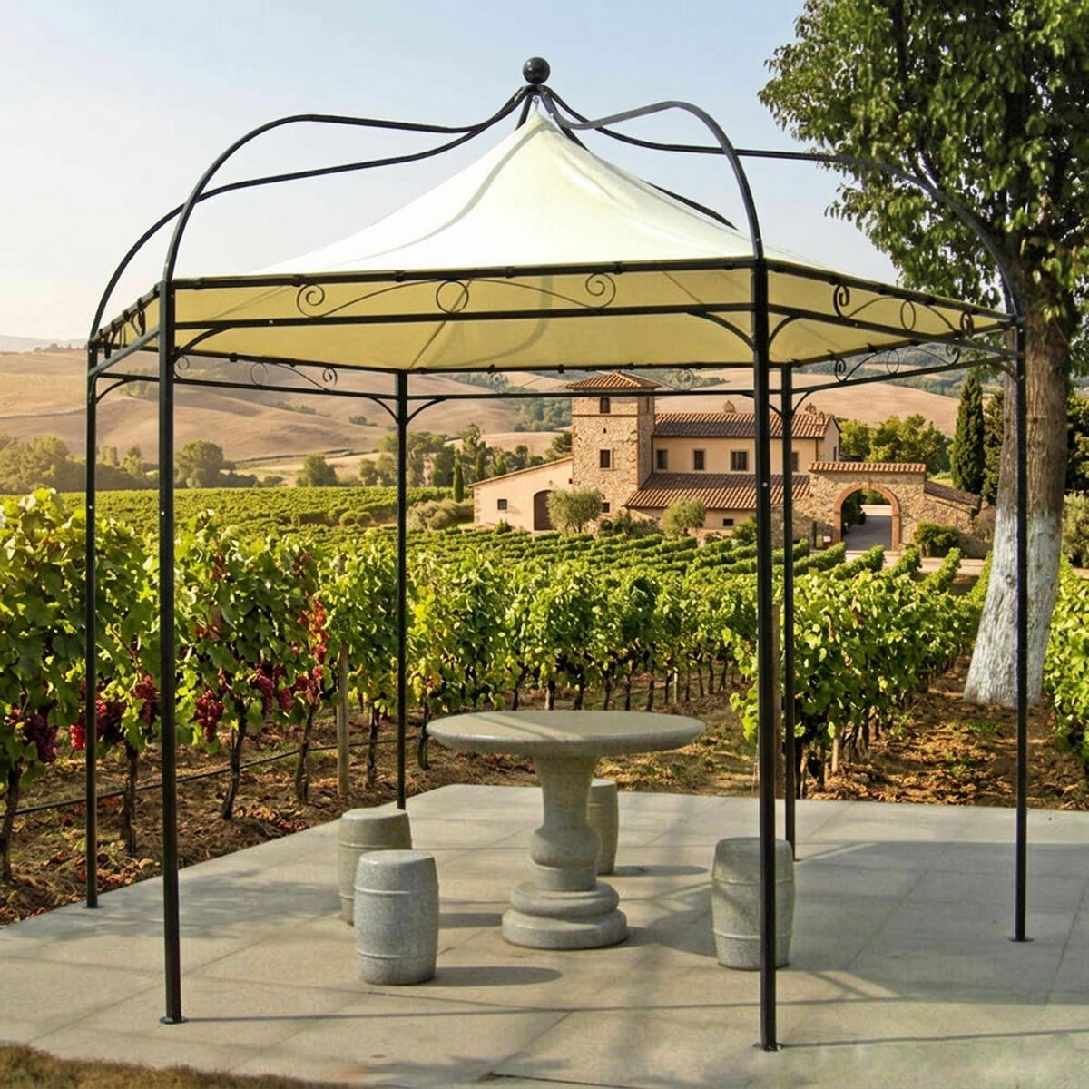 PAVILLON Mondura, Gartenpavillon, 3,2 Meter, 6-eckig, Stahl schwarz, Plane PVC-beschichtet, écru - Naturfarben, Kunststoff (320/300/320cm) - TPFGarden