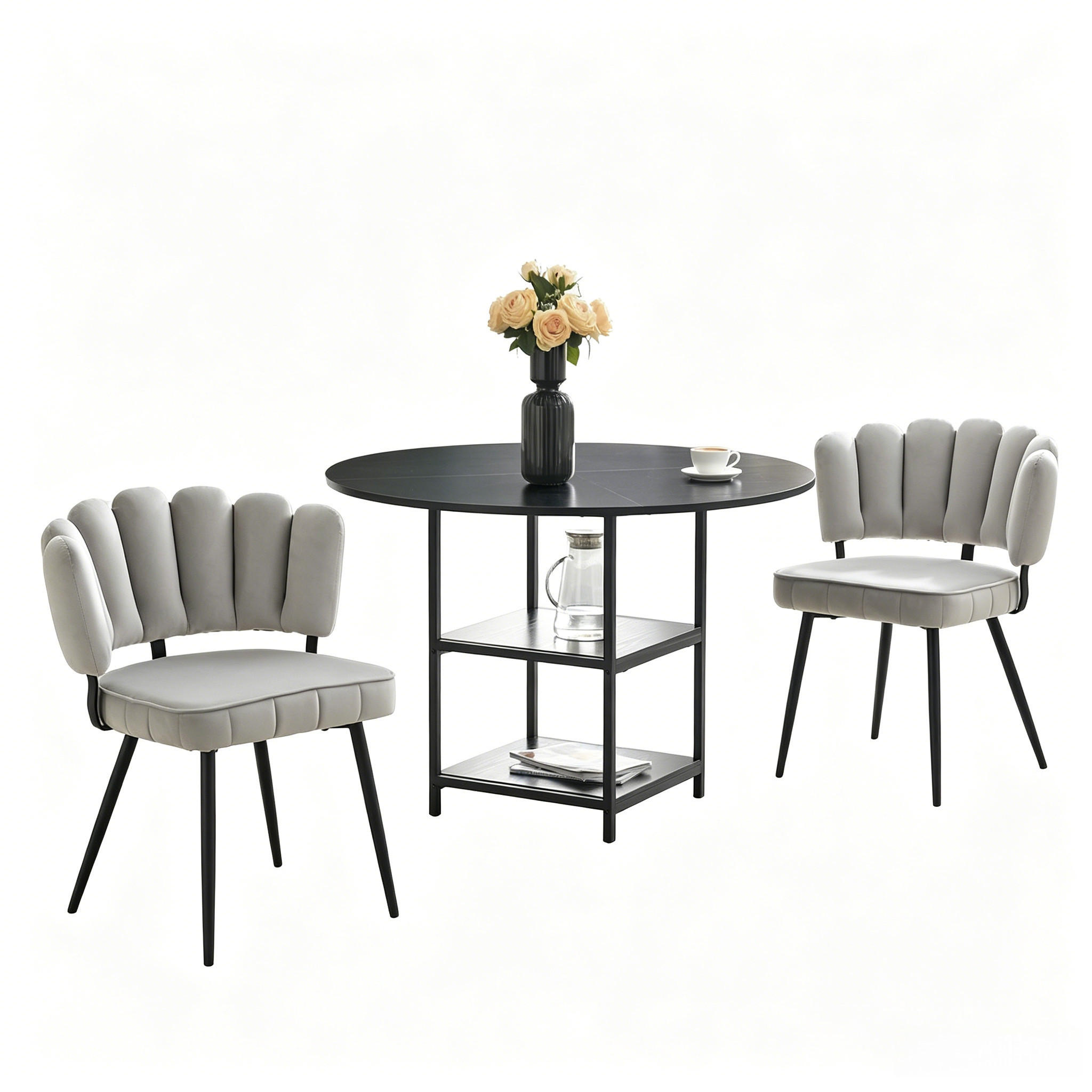 TISCHGRUPPE 3-tlg Runder Esstisch 107 cm & 2 Stoffstühle - Grau, Holzwerkstoff/Metall (62.5/49/70cm) - Raelunyi