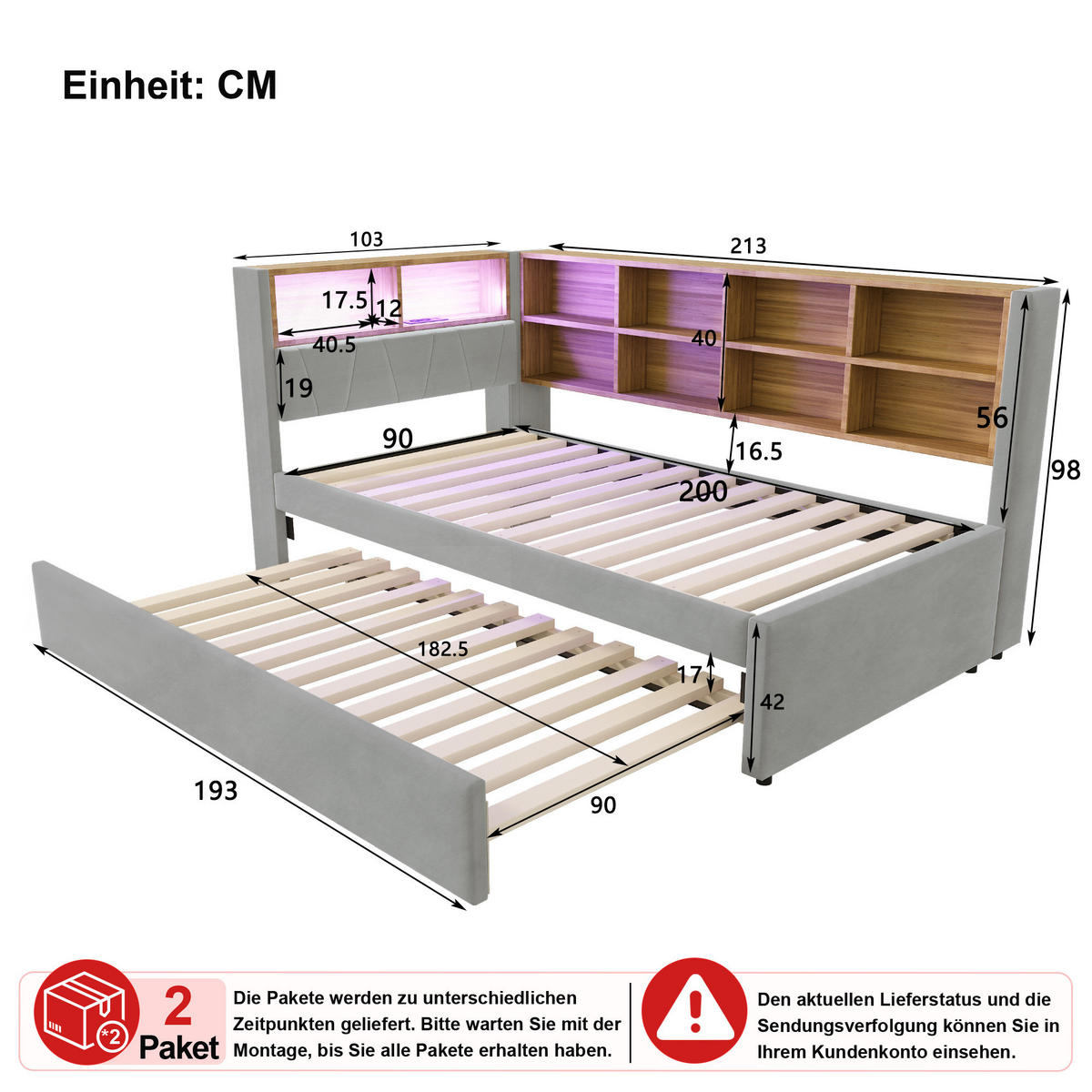 SCHLAFSOFA 90/200 cm & 90/190 cm in Hellgrau mit Ausziehbett, LED, USB und Ablagefächern - Hellgrau, Holzwerkstoff/Textil (90/200cm) - CHICFURN