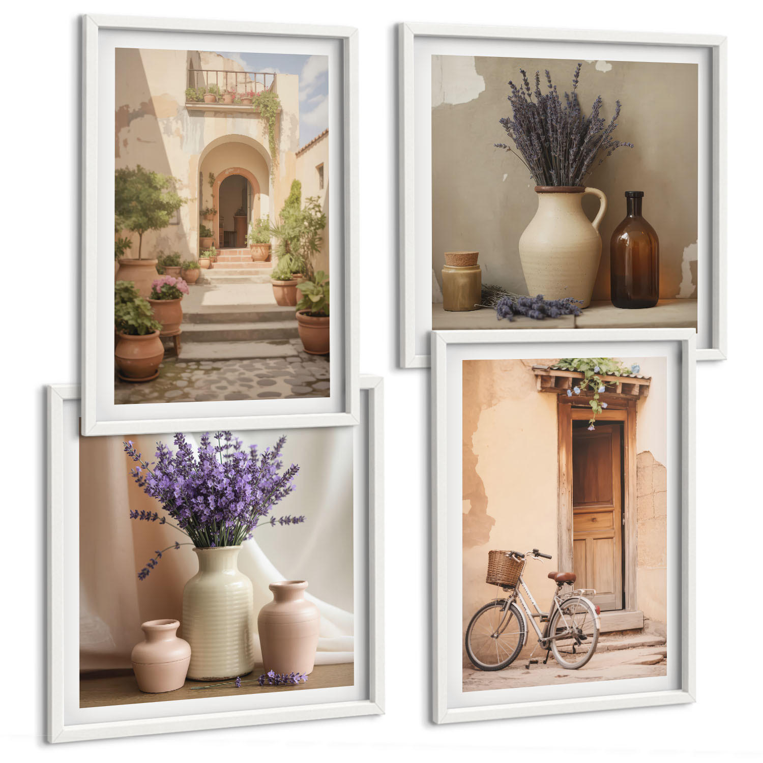 BILDER SET 4er Set - 50x50 cm & 40x60 cm Weißer Rahmen - Lavendelblüten und Architektur - Weiß, Kunststoff (50/50cm) - TULUP
