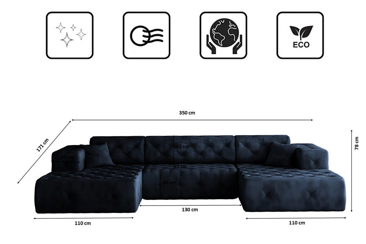 ECKSOFA LUX U-Form, Gesteppt, Stoff Whisper, Blau - Ecru, Holz/Textil (350/171cm) - Kaiser Möbel