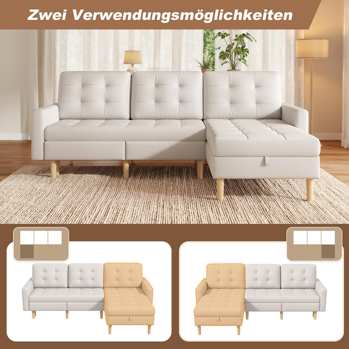 ECKSOFA L Form Stauraum Chaiselongue 3-Sitzer Beige 212cm - Beige, Textil (212/130cm) - FLIEKS
