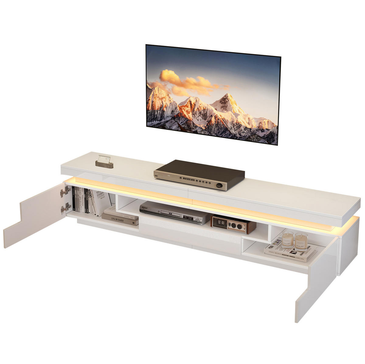 LOWBOARD 175/38/45 cm aus Spanplatte mit LED-Beleuchtung und Hochglanzfronten Weiß - Weiß, Holzwerkstoff (175/45/38cm) - Modenvie
