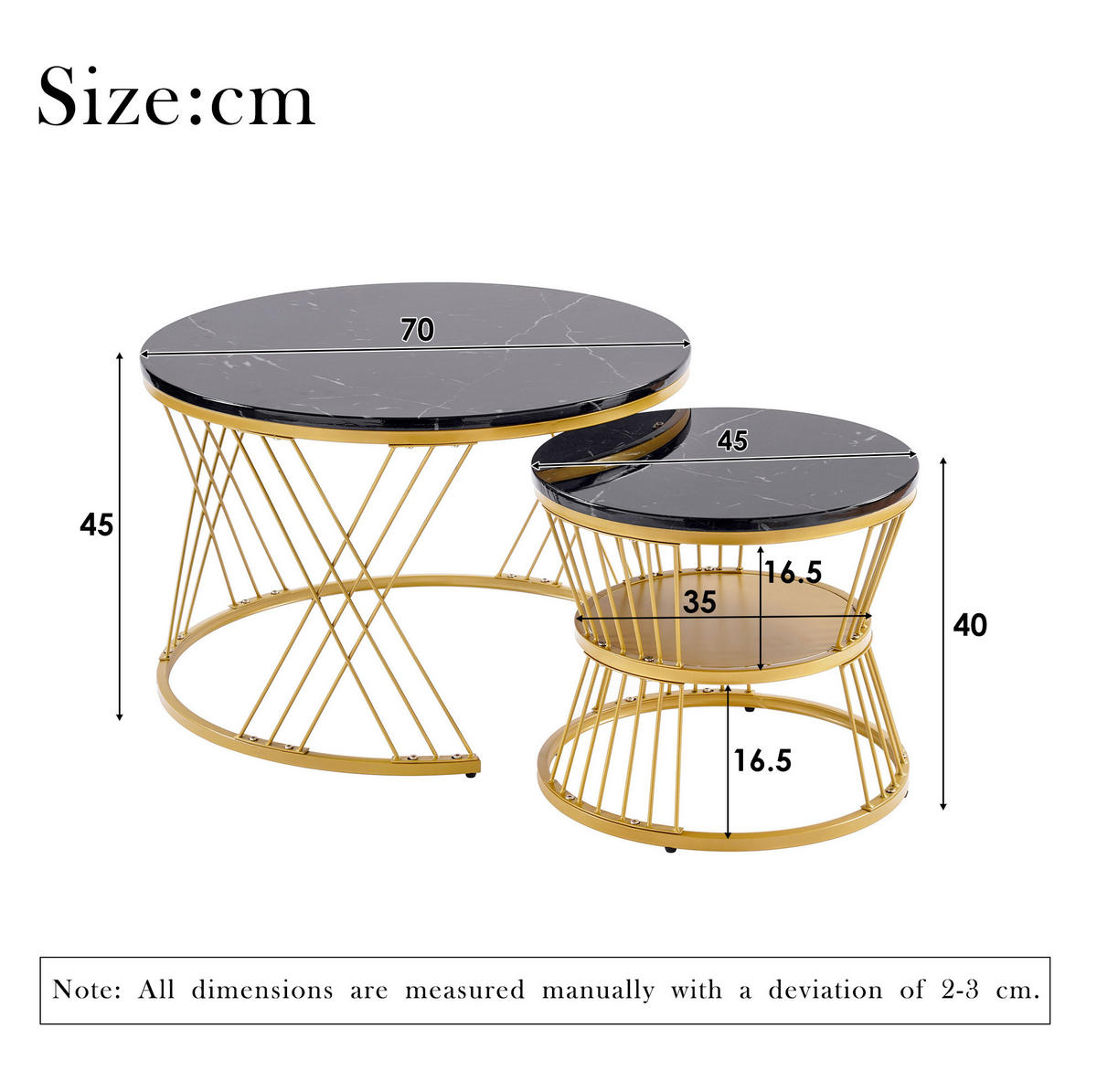 COUCHTISCH-SET 70/70/47 cm & 45/45/40 cm in Marmoroptik mit Goldgestell - Schwarz, Holzwerkstoff (70/70/45cm) - Flora Grace