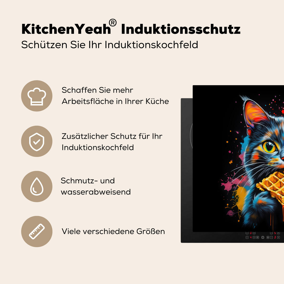 HERDABDECKPLATTE Katze - Graffiti - Bunt - Waffel - Essen Induktionsmatte 77x59 cm - Multicolor, Kunststoff (77/59/0.2cm) - MuchoWow