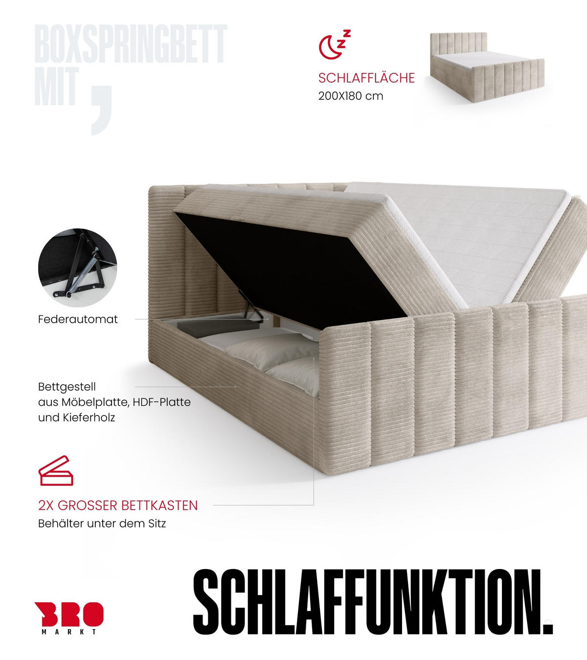 BOXSPRINGBETT Denver DUO mit Topper 180x200 Vanilla - Weiß, Textil (180/200cm) - Bromarkt