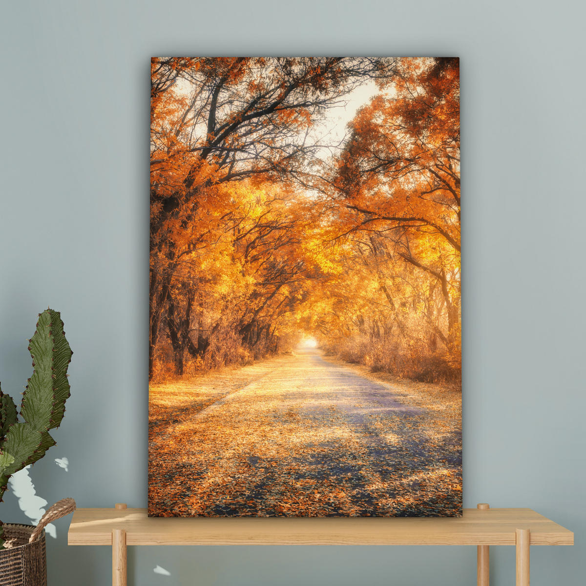 LEINWANDBILD Wald - Herbst - Bäume - Waldweg - Natur 60x90 cm - Bernsteinfarben, Textil (60/90cm) - MuchoWow