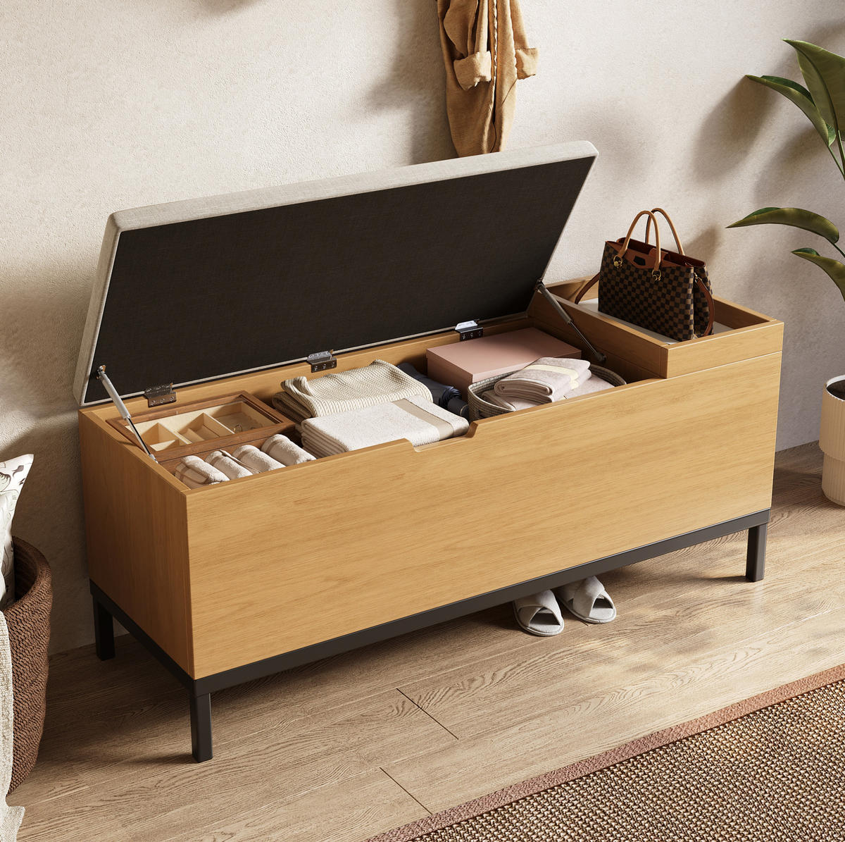 SCHUHSCHRANK 115/40/49,5 cm in Natur mit Stauraum und gepolsterter Sitzfläche - Naturfarben, Holzwerkstoff (115/40/49.5cm) - BEAOK