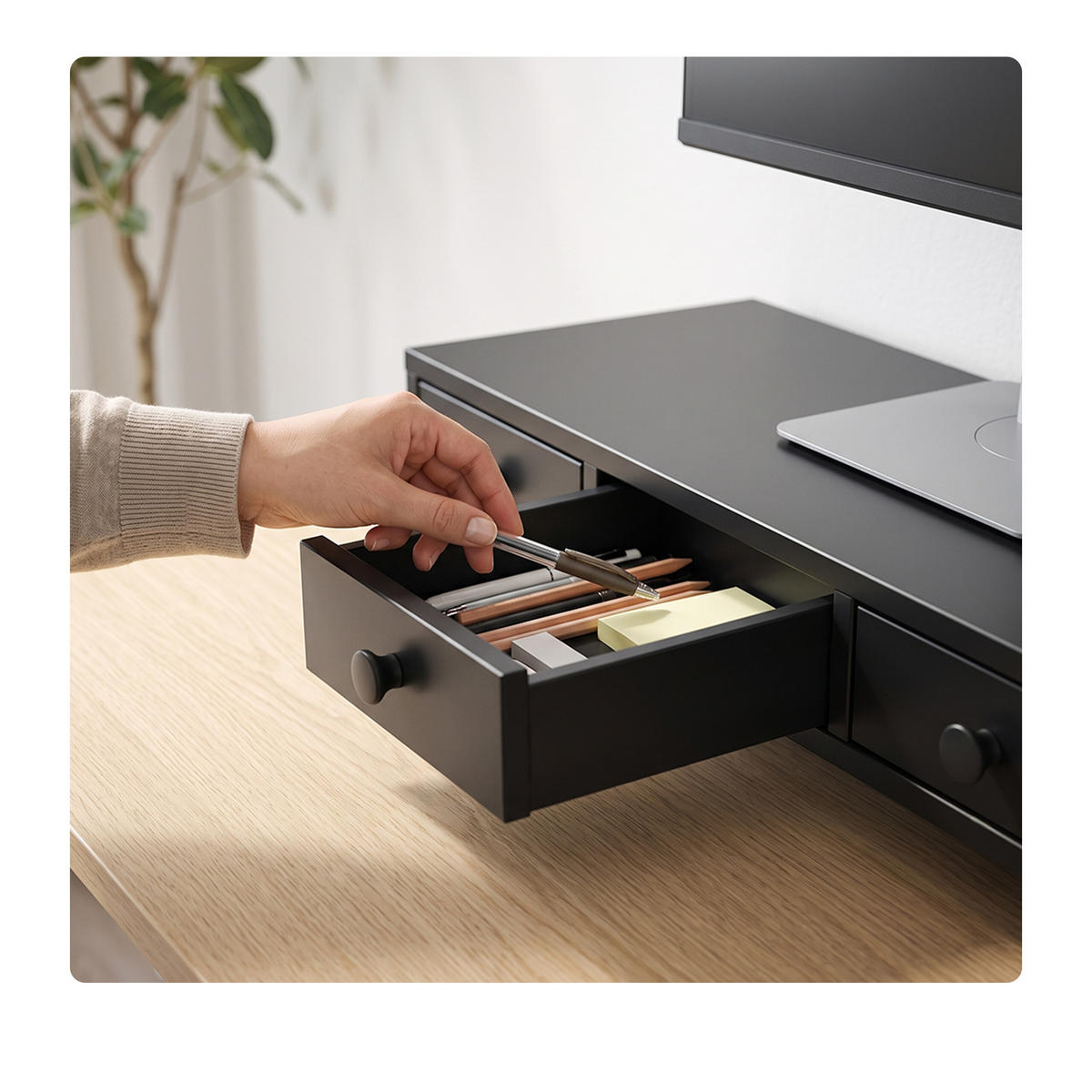 MONITORSTÄNDER Schwarz MDF 3 Schubladen 51x24x12,5 cm - Schwarz, Holzwerkstoff (24/51/12.5cm) - Relaxdays
