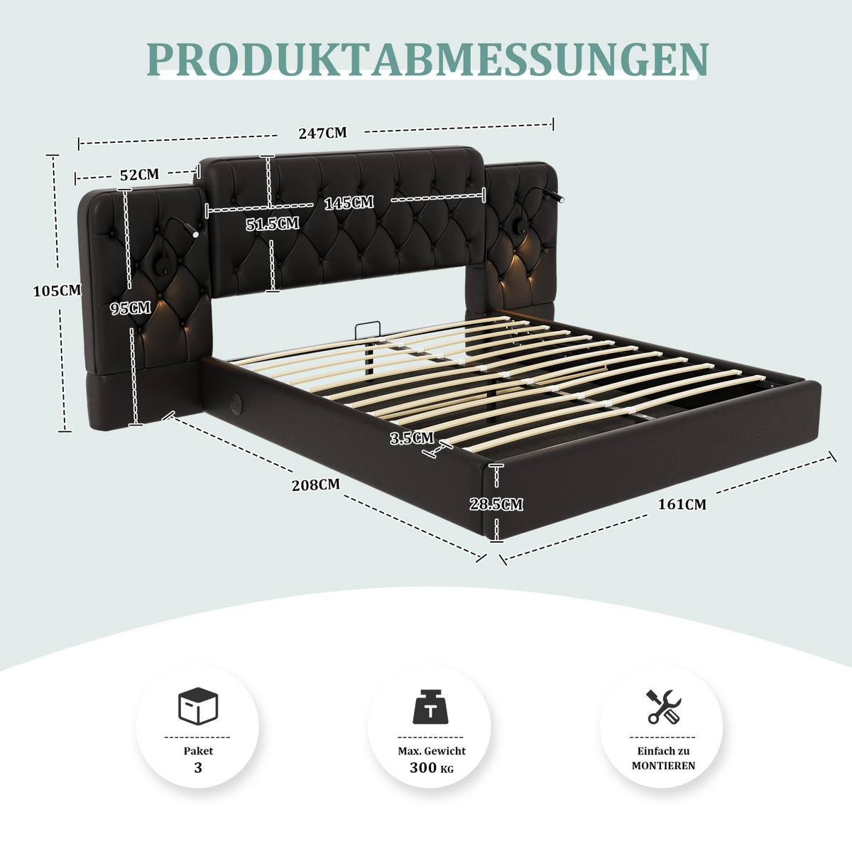 BETT mit Stauraum und USB 160x200 cm PU-Leder Schwarz - Schwarz, Metall (160/200cm) - Meubliv