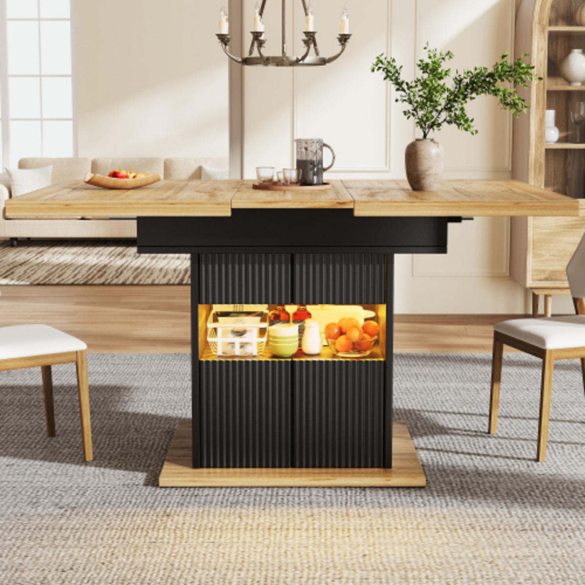 AUSZIEHBARER Esstisch 110-140×80×76 cm aus MDF und Metall mit Stauraum und integrierter LED-Beleuchtung, schwarz - Schwarz, Holzwerkstoff (140/80/76cm) - Luhomfu