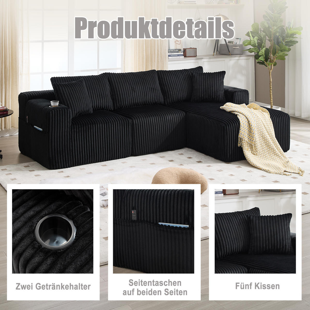 MODULARES Sofa-Set Cord mit Chaiselongue und 2-Sitzer Taschen und Getränkehalter 257/90-160/62 cm Schwarz - Schwarz, Textil (160/257cm) - Redom