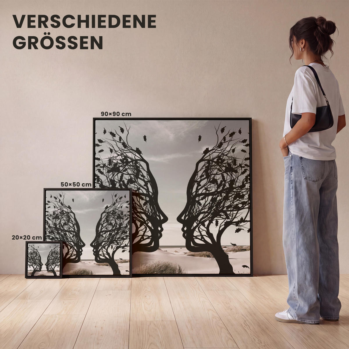 LEINWAND Bilder mit Rahmen - Strand - Meer - Menschen - Baum - Moderne Kunst - 20x20 - Hellgrau, Textil (20/20cm) - MuchoWow