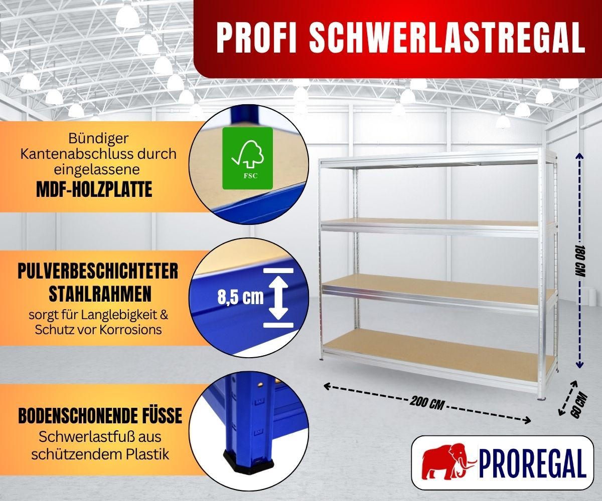 SCHWERLASTREGAL Dino 180x200x60 cm Fachlast 500 kg Verzinkt - Silberfarben, Metall (200/180/60cm) - PROREGAL
