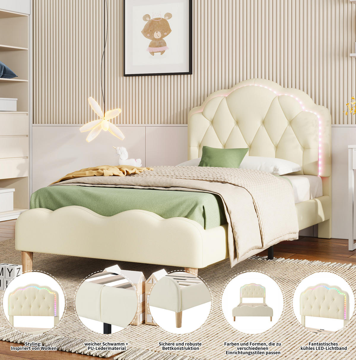 POLSTERBETT 90/200 cm Beige aus PU mit LED-Beleuchtung - Beige, Kunststoff (90/200cm) - OKMYHOME