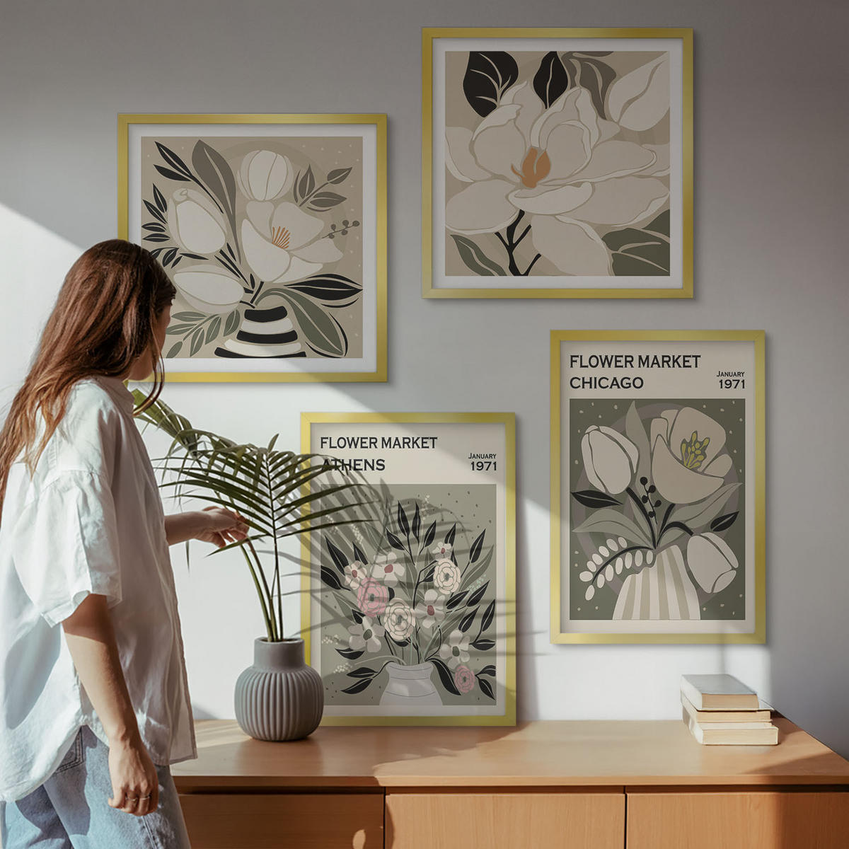 BILDER SET 4er Set - 50x50 cm & 40x60 cm Goldrahmen - Retro-Blumenmuster aus verschiedenen Städten - Goldfarben, Kunststoff (50/50cm) - TULUP