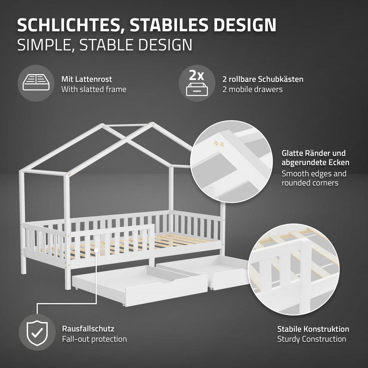 HAUSBETT mit Matratze 90x200 cm und 2 Schubladen Weiß aus Kiefernholz - Weiß, Holz (90/200cm) - ML-DESIGN