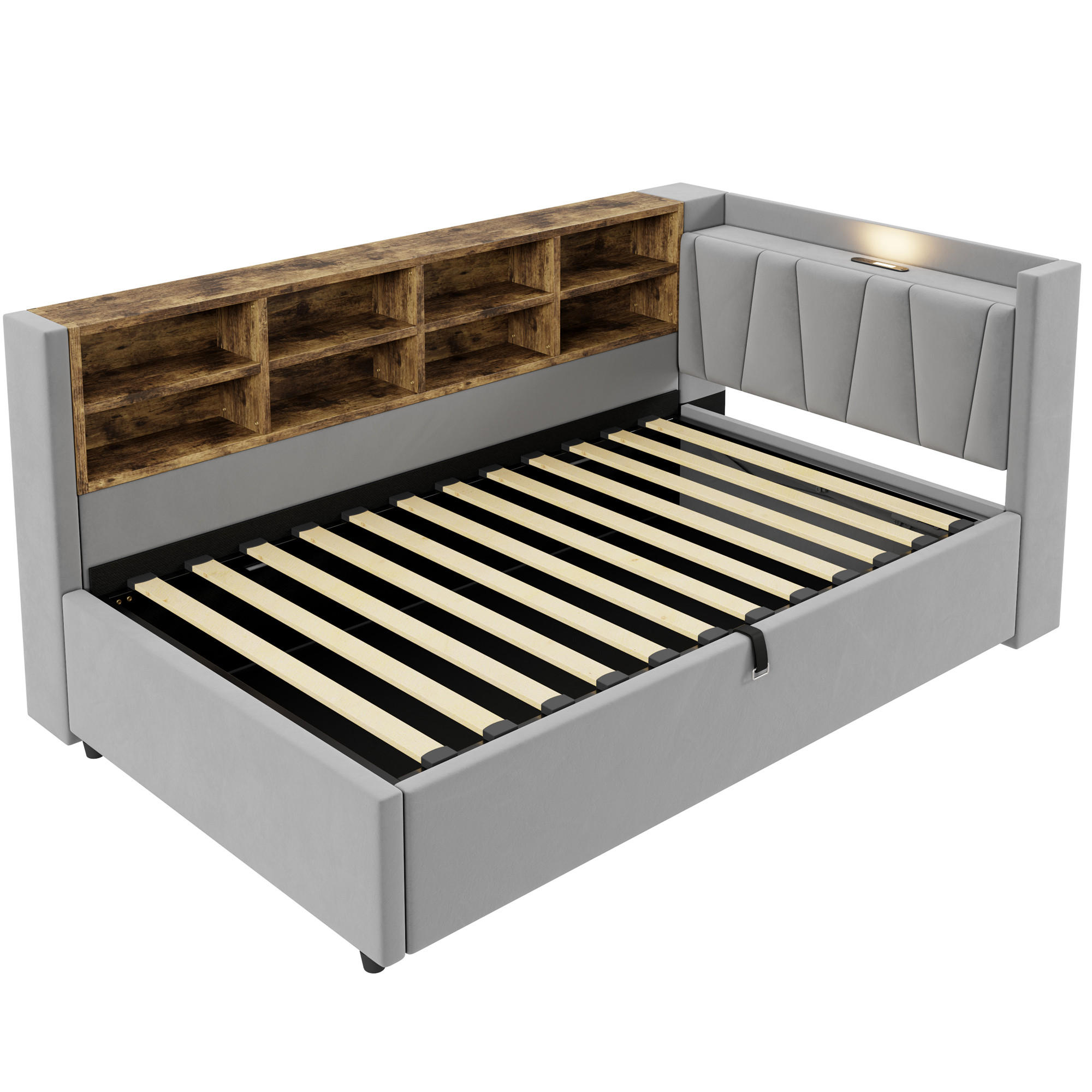 STAURRAUMBETT 90/200 cm DE-02067, in Hellgrau, mit Sofafunktion, USB-C und Hydraulik - Hellgrau, Metall (90/200cm) - ComfortXL