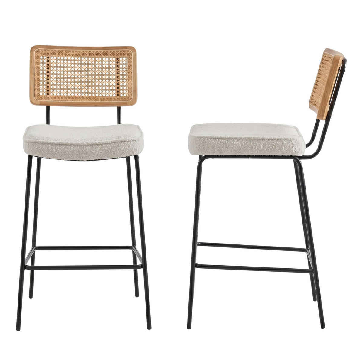BARHOCKER 2er-Set Vintage PU-Leder Rattan-Optik Holz & Metall - Creme, Textil (46.2/96.5/59.8cm) - Urban Meuble
