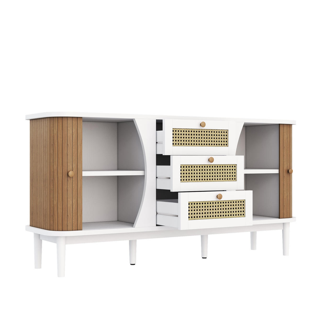 SIDEBOARD 140,5/40/76 cm mit 2 Türen & 3 Rattanschubladen in Weiß/Holzfarbe - Weiß, Holzwerkstoff (140.5/76/40cm) - BEAOK