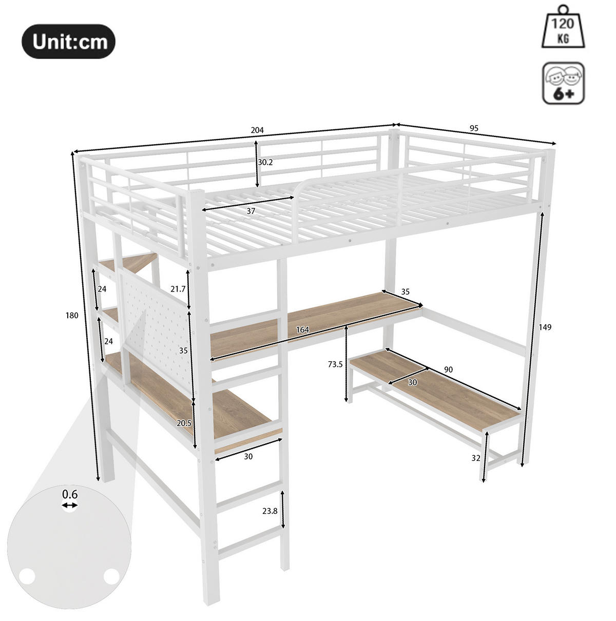 HOCHBETT 90/200 cm aus Metall mit Schreibtisch und LED-Leiste, Weiß - Weiß, Metall (90/200cm) - OKMYHOME
