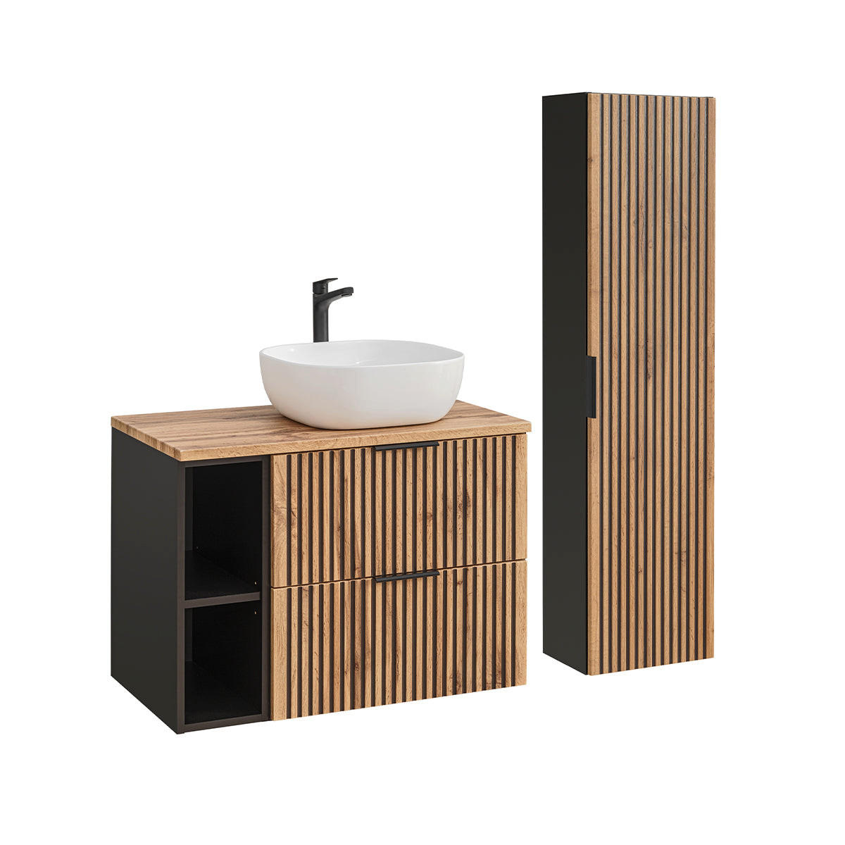 BADMÖBEL 80.6cm Gaia 2er-Set Holz in Eichenoptik und Schwarz - Schwarz, Holzwerkstoff (80.6/59/46cm) - Petits-meubles