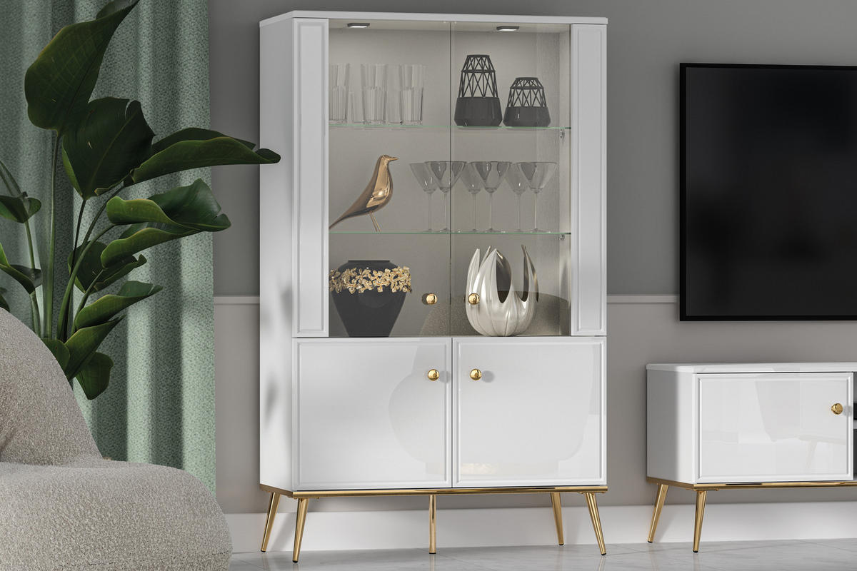 VITRINENSCHRANK ISORIA mit Beleuchtung, Glas Weiß - Goldfarben/Weiß, Holz/Metall (92/152/40cm) - KONSIMO®