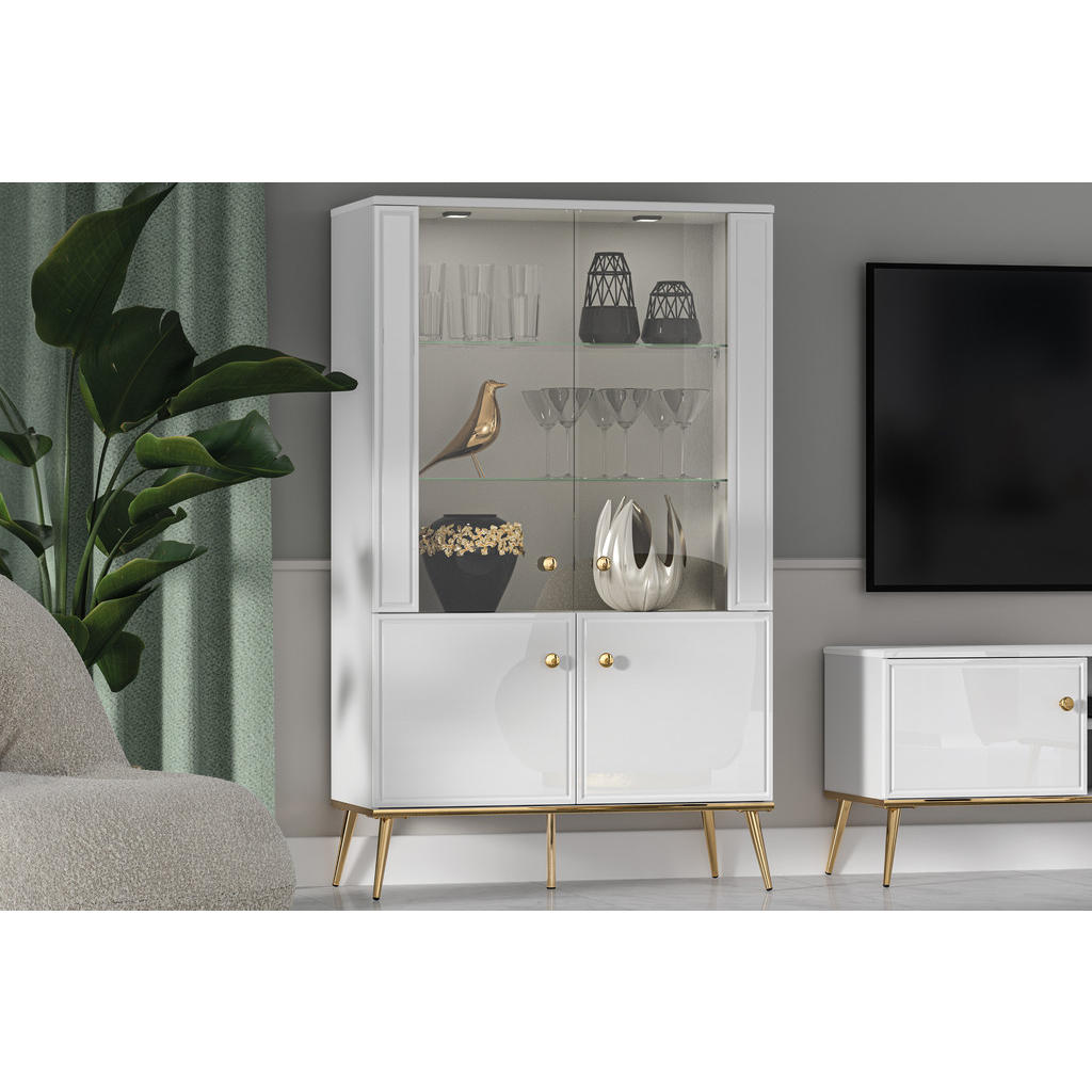 Thumbnail - Konsimo® Vitrinenschrank, Weiß, Holz, Rechteckig, 92x152x40 cm, Hergestellt in Europa, Wohnzimmer, Wohnwände, Vitrinensc...