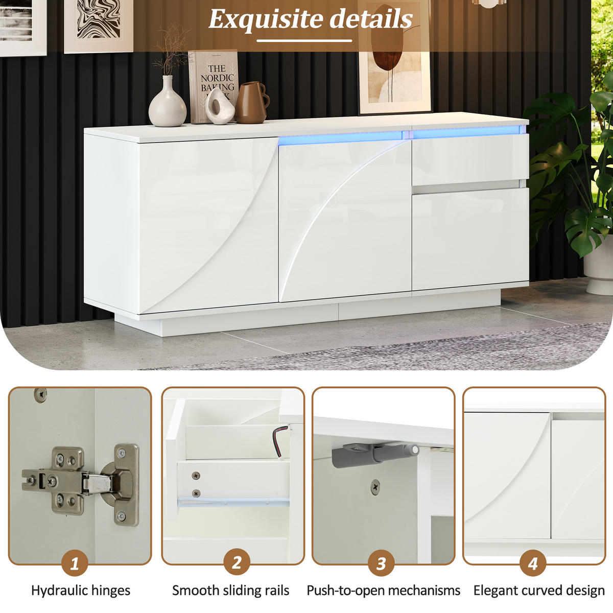 SIDEBOARD Weiß 140/40/60 cm LED Hochglanz - Weiß, Holzwerkstoff (140/60/40cm) - PANGIVO
