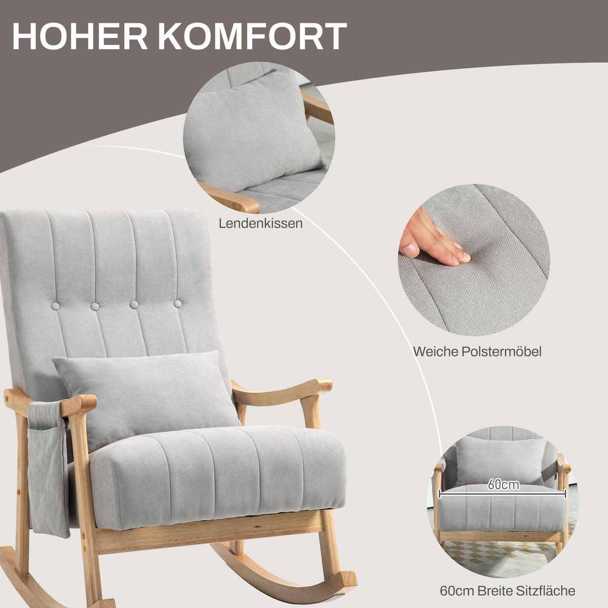 SCHAUKELSTUHL Schaukelsessel mit Lendenkissen, Seitentasche für Wohnzimmer Grau - Naturfarben/Grau, Holz/Buchenholz (65/98/90cm) - HOMCOM