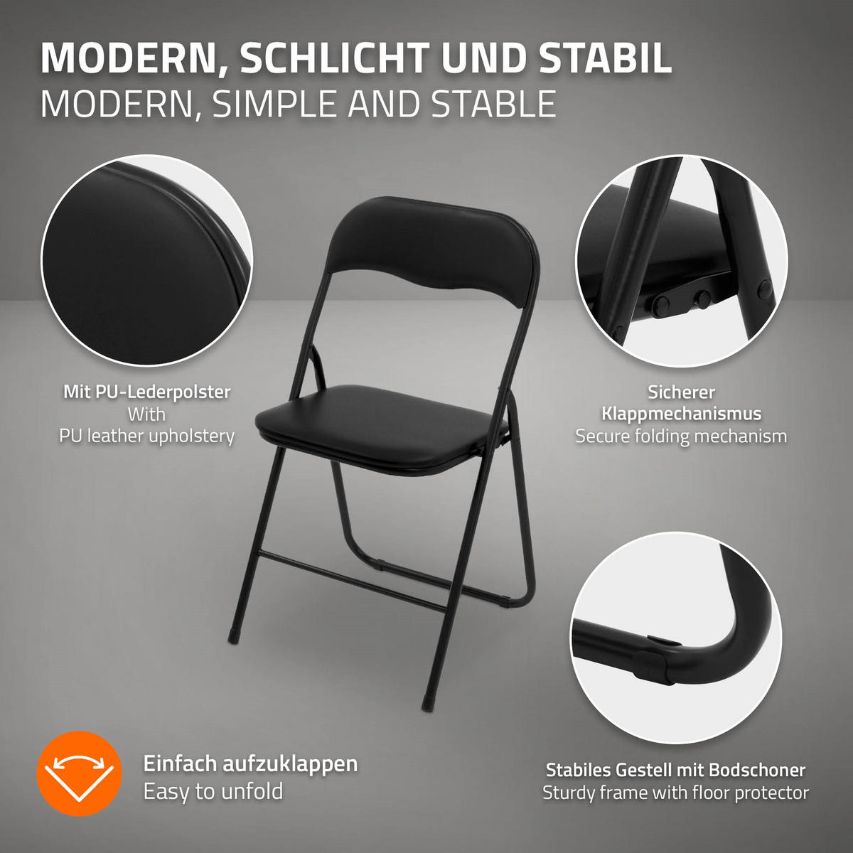 KLAPPSTUHL 4er Set Kunstleder Schwarz - Schwarz, Metall (46/77.5/43cm) - ECD-Germany