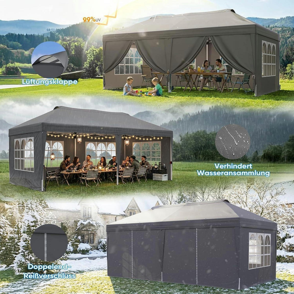 FALTPAVILLON 3x6m mit 6 Seitenwänden Grau Bogenfenster - Grau, Metall (585/285/293cm)