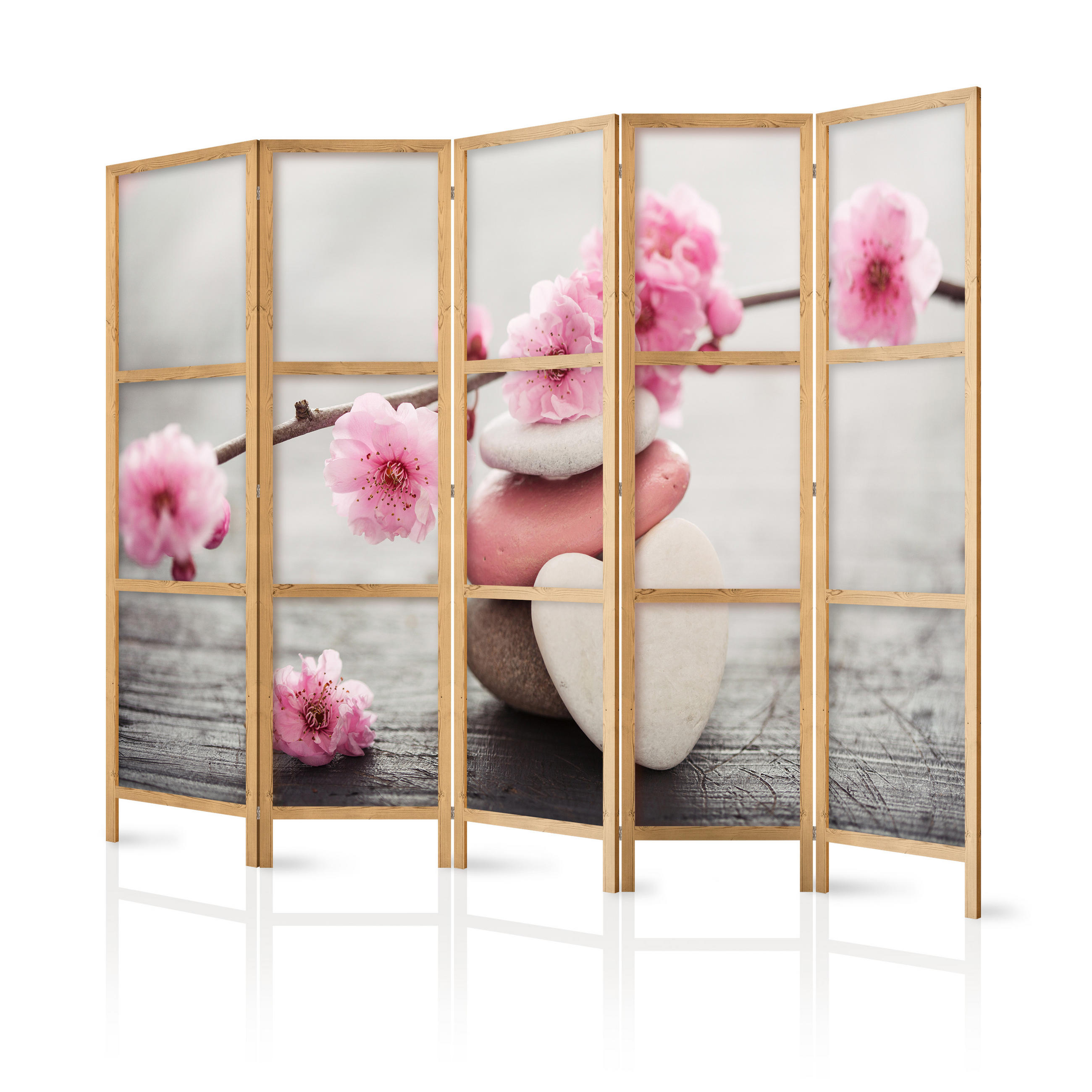 PARAVENT Japanischer 5-tlg 225x172 cm Blumen mit Steinen - Multicolor, Holz/Textil (225/172/3cm) - Muralo