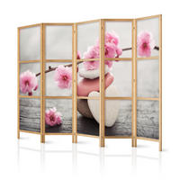 PARAVENT Japanischer 5-tlg 225x172 cm Blumen mit Steinen - Multicolor, Holz/Textil (225/172/3cm) - Muralo