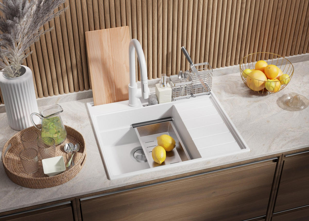 SPÜLBECKEN Sydney Pocket, 2-er set Weiß 62/53 cm 1 Becken + Ablauf-Set + Küchenzubehörset ab 45er Unterschrank - Chromfarben/Beige, Kunststoff (62/20/53cm) - Primagran