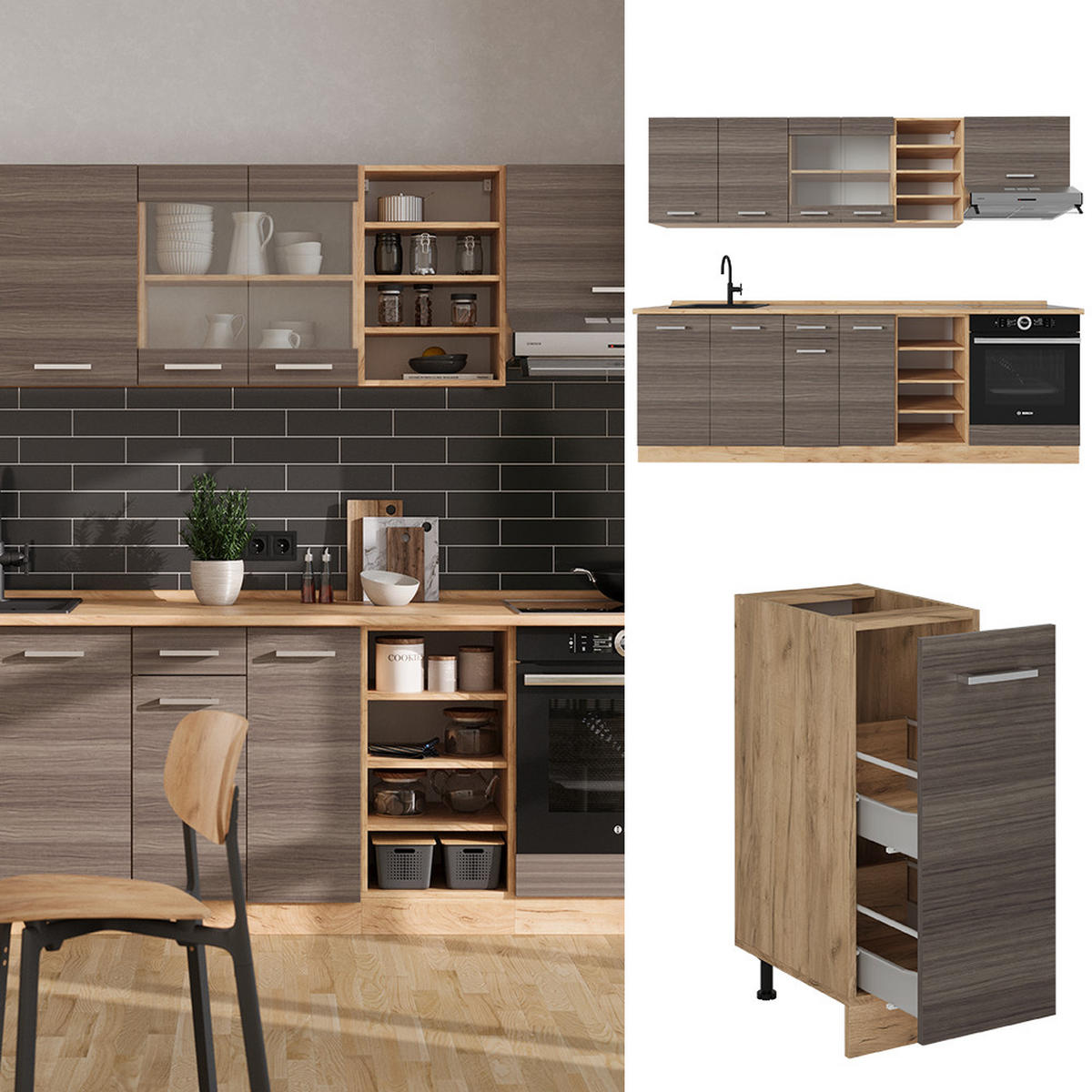 KÜCHENZEILE R-Line Edelgrau/Goldkraft Eiche 240 cm , AP Marmor - Eiche Wotan/Braun, Holzwerkstoff (240/81.6/60cm) - Vicco