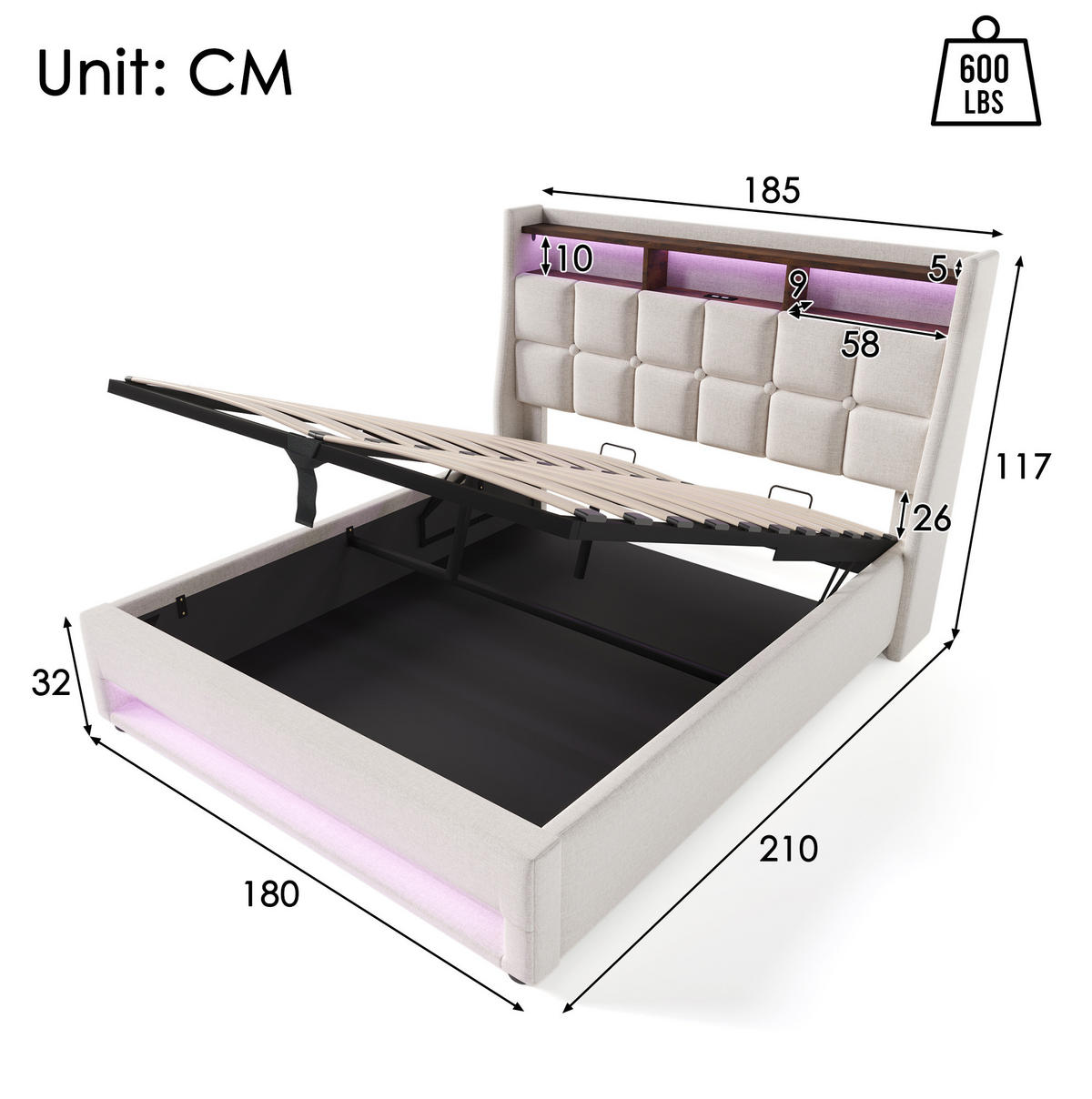 POLSTERBETT 180/200 cm Beige aus Leinen mit LED und USB - Beige, Textil (180/200cm) - OKMYHOME