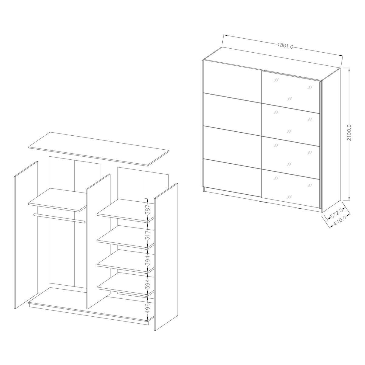 SCHWEBETÜRENSCHRANK BETTINA 180/210/61 cm 2-türig mit Spiegel Schwarz - Schwarz, Holzwerkstoff (180/210/61cm) - MASSENO
